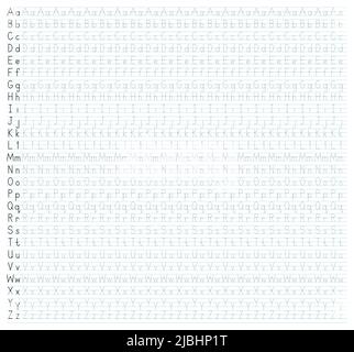 Worksheet for learning writing whole English alphabet.Dashed line trace letter on white background with blue markup. Stock Vector