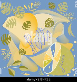 Hello june banner, lemon on yellow and blue background Stock Vector