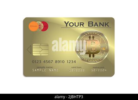 Payment card with Bitcoin,  crypto currency credit gold card vector Stock Vector
