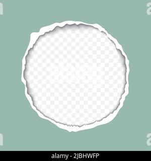 Round hole composition in green paper with torn edges and soft shadow on squared transparent background realistic vector illustration Stock Vector