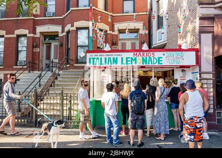 Chicago Illinois,Little Italy,West Taylor Street,Mario's Italian Lemonade stand customers line queue Stock Photo