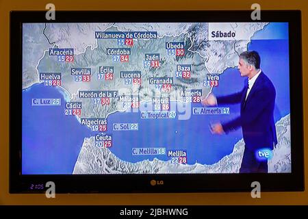 Porto Portugal,television screen tv monitor program,weather report meteorologist Spain temperatures centigrade European Portuguese Stock Photo