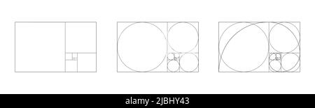 Golden ratio icons set. Rectangle frame fracted on squares, circles and with logarithmic spiral. Fibonacci sequence symbol. Harmony proportions template for photography. Vector outline illustration Stock Vector