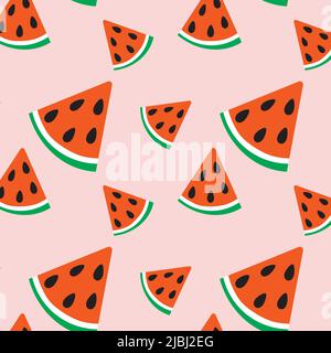 Colorful seamless summer pattern in trendy shades with hand drawn watermelon slices. Fashion print design, vector illustration Stock Vector