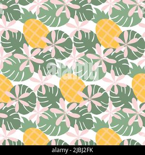 Seamless summer pattern in trendy shades with hand drawn summer elements such as flowers, pineapple, exotic leaves. Fashion print design, vector illustration Stock Vector