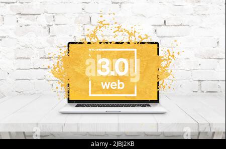 Laptop on the table from which the yellow liquid comes out as a Web 3.0 concept Stock Photo