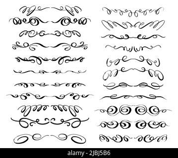 Hand drawn doodle ornamental dividers and borders set. Collection of vector calligraphic design elements. Stock Vector