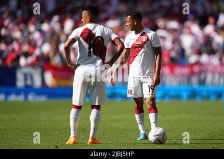 Yoshimar Yotun and Christian Cueva of Peru during the friendly match between Peru and New Zealand played at RCDE Stadium on June 5, 2022 in Barcelona, Spain. (Photo by Bagu Blanco / PRESSINPHOTO) Stock Photo