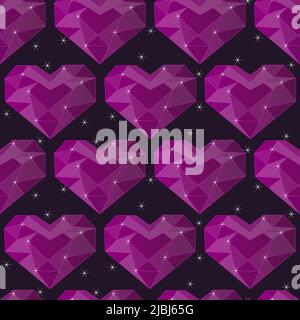 Seamless pattern with Crystal polygonal hearts and stars. Shining purple crystals. Sparkling hearts repeat pattern for print, textile, background. Vec Stock Vector