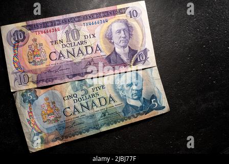 Toronto, Canada - October 30. 2021: Canadian Dollar Banknotes, old bills from Canada. Historic money and cash from Canada Stock Photo