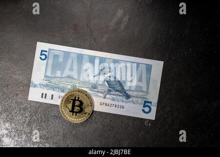 Toronto, Canada - October 30. 2021: Bird series Canadian Dollar Banknote. Five CAD bill with gold Bitcoin on top. Cryptocurrency trading in Canada con Stock Photo