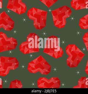 Seamless pattern with Crystal polygonal hearts and stars. Shining red crystals. Ruby hearts seamless pattern. Sparkling hearts repeat pattern for prin Stock Vector