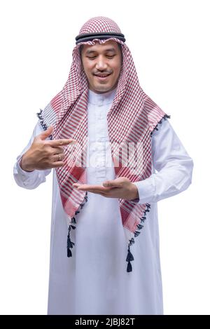 Arab man wearing keffiyeh showing something on his hand isolated over white background Stock Photo