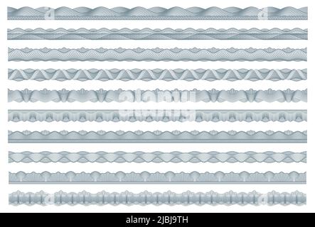 Guilloche borders, bank money, diploma and certificate security frames, vector pattern, Banknote currency guilloche borders for bank voucher or money security seals with watermark line ornament Stock Vector