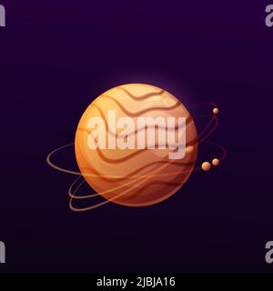 Cartoon striped brown space planet with rings. Vector galaxy globe with satellites flying around. Fantasy sphere in universe, Ui game object, isolated astronomical comic world in deep space Stock Vector