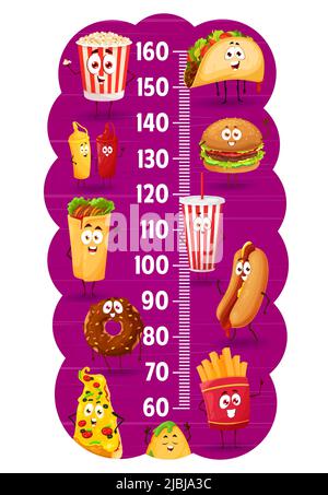 Fast food cartoon characters on kids height chart. Children growth measure meter ruler scale with popcorn bucket, tacos, burrito, hamburger and hot dog, pizza, french fries and donut, soda and nachos Stock Vector