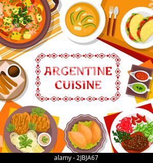 Argentine cuisine restaurant menu cover. Meat stew Guiso, meat pie Empanadas and Cookie churros, Chorizo sandwich Choripan and pork chop Milanese, veal shank Osso Buco, soup Locro, Stock Vector