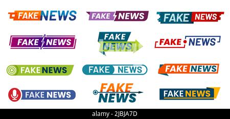 Fake news icons and backgrounds for social media disinformation, vector banners. Fake news header for newspaper hoax or live broadcast in TV studio, fake information and propaganda message signs Stock Vector