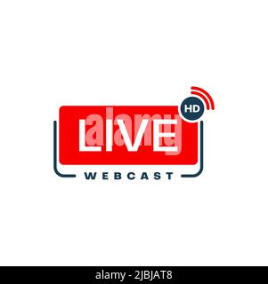 Live webcast or webinar vector icon of high definition video course, training or lesson, online conference or web seminar. Virtual education or presentation button with HD and wireless network symbols Stock Vector