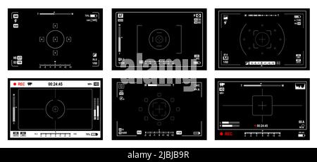 Video and photo camera viewfinder screen, display frames of video focus, zoom and shutter, vector grid. Viewfinder preview screen of camera record or photo capture view finder UI black interface Stock Vector