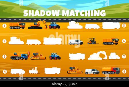 Shadow matching game worksheet. Industrial machinery transport truck, excavator, tractor and crane, bulldozer, tank car, forklift and van. Find heavy transportation silhouette task Stock Vector