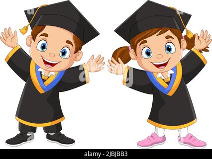 Cartoon happy children in graduation costumes Stock Vector