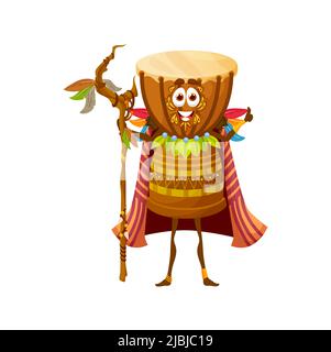 Cartoon african drum witch character, isolated vector djembe voodoo shaman wear cape with feathers holding wooden staff. Funny tribal percussion instrument, fairy tale bongo drum musical personage Stock Vector
