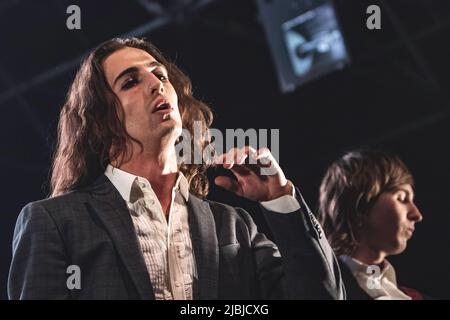 Damiano David and Thomas Raggi perform on stage with their band Maneskin at Atlantico in Rome. Stock Photo