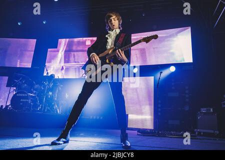 Thomas Raggi performs on stage with is band Maneskin at Atlantico in Rome. Stock Photo