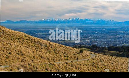 A walker and dog on a track in the Port Hills Christchurch with a view over the Canterbury Plains to the Southern Alps NZ Stock Photo