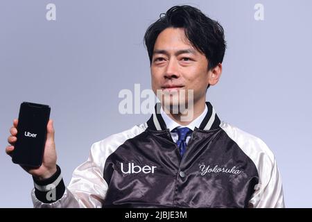 Shinjiro Koizumi attends an event to promote a new Uber Taxi service in Yokosuka on June 6, 2022 in Kanagawa prefecture, Japan. Five taxi companies will make their vehicles available for hire via the Uber app in the vicinity of the US Navy Base in Yokusuka. Credit: Pasya/AFLO/Alamy Live News Stock Photo