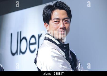 Shinjiro Koizumi attends an event to promote a new Uber Taxi service in Yokosuka on June 6, 2022 in Kanagawa prefecture, Japan. Five taxi companies will make their vehicles available for hire via the Uber app in the vicinity of the US Navy Base in Yokusuka. Credit: Pasya/AFLO/Alamy Live News Stock Photo