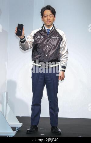 Shinjiro Koizumi attends an event to promote a new Uber Taxi service in Yokosuka on June 6, 2022 in Kanagawa prefecture, Japan. Five taxi companies will make their vehicles available for hire via the Uber app in the vicinity of the US Navy Base in Yokusuka. Credit: Pasya/AFLO/Alamy Live News Stock Photo