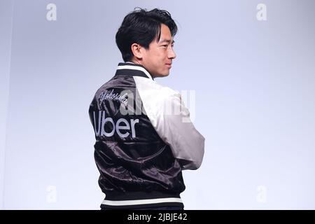 Shinjiro Koizumi attends an event to promote a new Uber Taxi service in Yokosuka on June 6, 2022 in Kanagawa prefecture, Japan. Five taxi companies will make their vehicles available for hire via the Uber app in the vicinity of the US Navy Base in Yokusuka. Credit: Pasya/AFLO/Alamy Live News Stock Photo