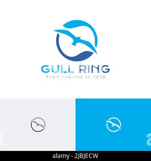 Sun Wave Ring Seagull Bird Flying Beach Bay Holiday Logo Stock Vector