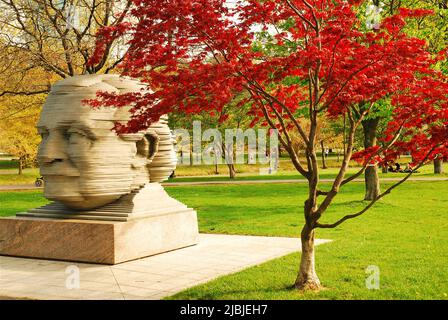 A sculpture in the Esplanade of Boston honors Arthur Feidler, the long time leader and conductor of the Boston Pops Stock Photo