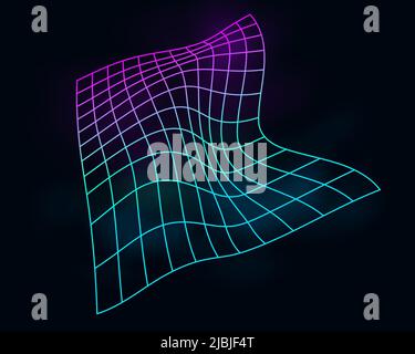 Color cyber distorted grid, retro punk design element. Wireframe wave geometry grid on black background. Vector illustration. Stock Vector