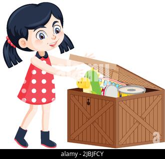 A girl putting her toy into the box illustration Stock Vector