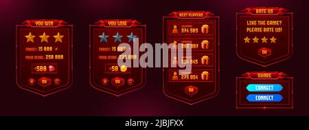 Game menu interface ui elements, settings and boards. You win and lose, best player, rate us frames. Gui user panel with buttons, red glowing design with user information and rewards, Vector graphics Stock Vector