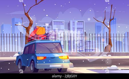 Car with luggage and bags on roof rear view driving asphalt road at winter cityscape background with falling snow and modern megapolis architecture. Relocation, travel Cartoon vector illustration Stock Vector