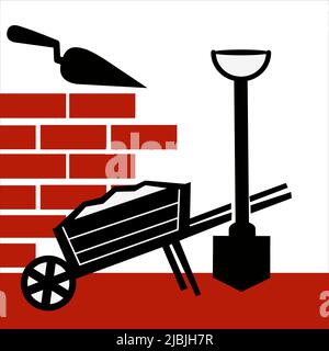 Construction of a wall or building. Bricks, shovel, cement. construction building with brick glyph icon vector. Vector illustration Stock Vector