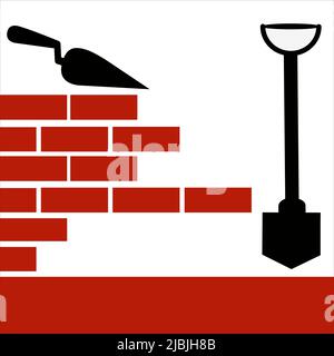 Construction of a wall or building. Bricks, shovel, cement. construction building with brick glyph icon vector. Vector illustration Stock Vector