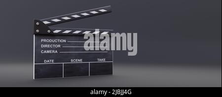 Movie clapper, black cinema scene clapperboard on gray background, banner, copy space. Filmmaking, video production. 3d render Stock Photo