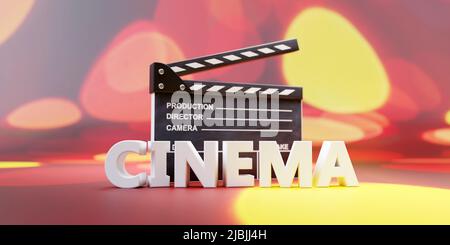 CINEMA and Movie clapper. Filmmaking, video production. Film scene clapperboard and white text on colorful background, banner, copy space. 3d render Stock Photo