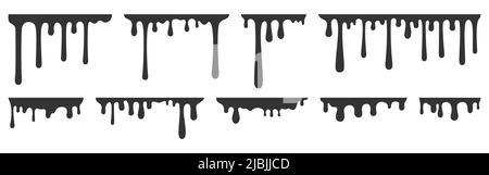 Dripping frame melty liquid drop current black silhouette set. Creamy smooth texture juice honey yogurt chocolate flow poison soft sweet dessert graffiti drop paint icon design frame border isolated Stock Vector