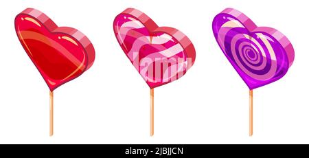 Set of Candy Sugar Heart Lollypops Isometric. Sweet food icon cartoon style Stock Vector