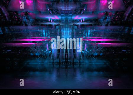 Abstract futuristic background bright neon color. Glowing elements of the building and background, digital future, fantasy. Digital technologies in de Stock Photo