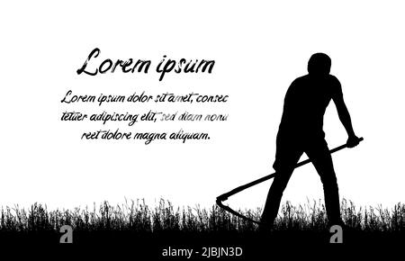 Black and white silhouette of a man mowing the grass or lawn with a scythe, with space for your text - vector Stock Vector