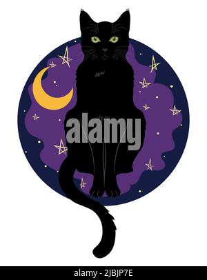 Black green-eyed cat sitting on a background of night sky with moon and stars
