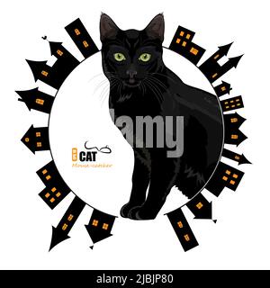 Green-eyed black cat on a background of old city Stock Vector